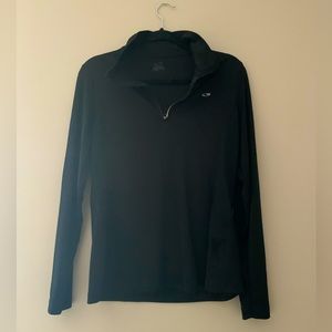 Black long sleeve moisture wicking athletic shirt, half zip front, mock collar